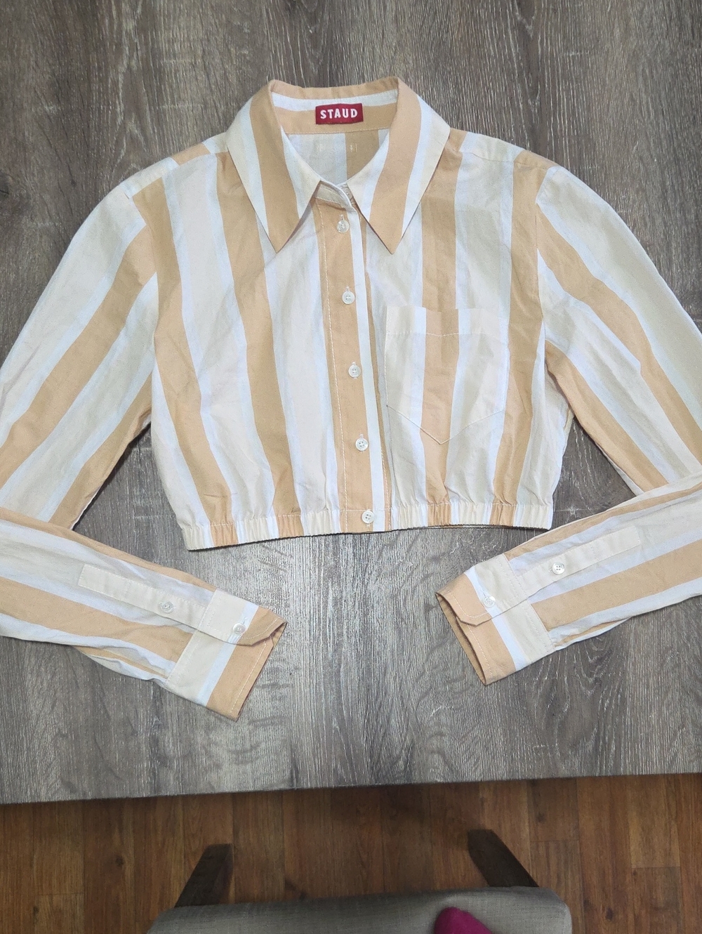 RARE! NEW! STAUD Beige White Wide Striped Long Sleeve Cropped Button-Up Shirt